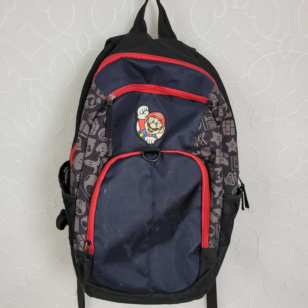 Super Mario Nintendo Kids Back Pack Black Red Logo School Bag Pockets Zip